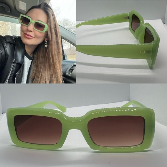 NWT Trendy Lime Green Rectangle Sunglasses | Retro 90s Chunky Frame UV400 Shades main image 4